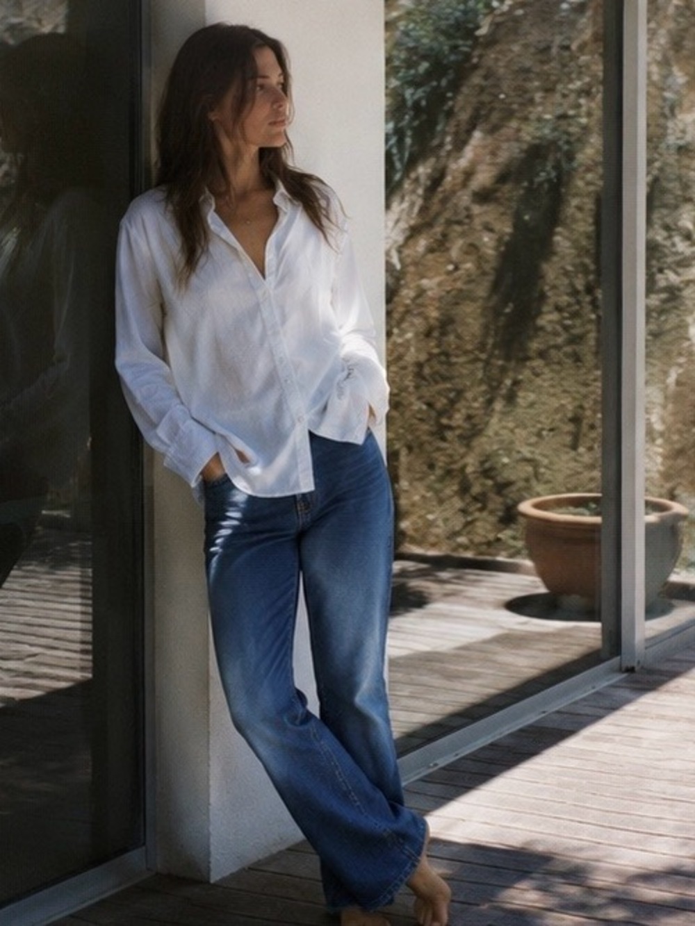 Eileen Fisher Linen Blend White Long Sleeve Button Down Light Summer Shirt Small
